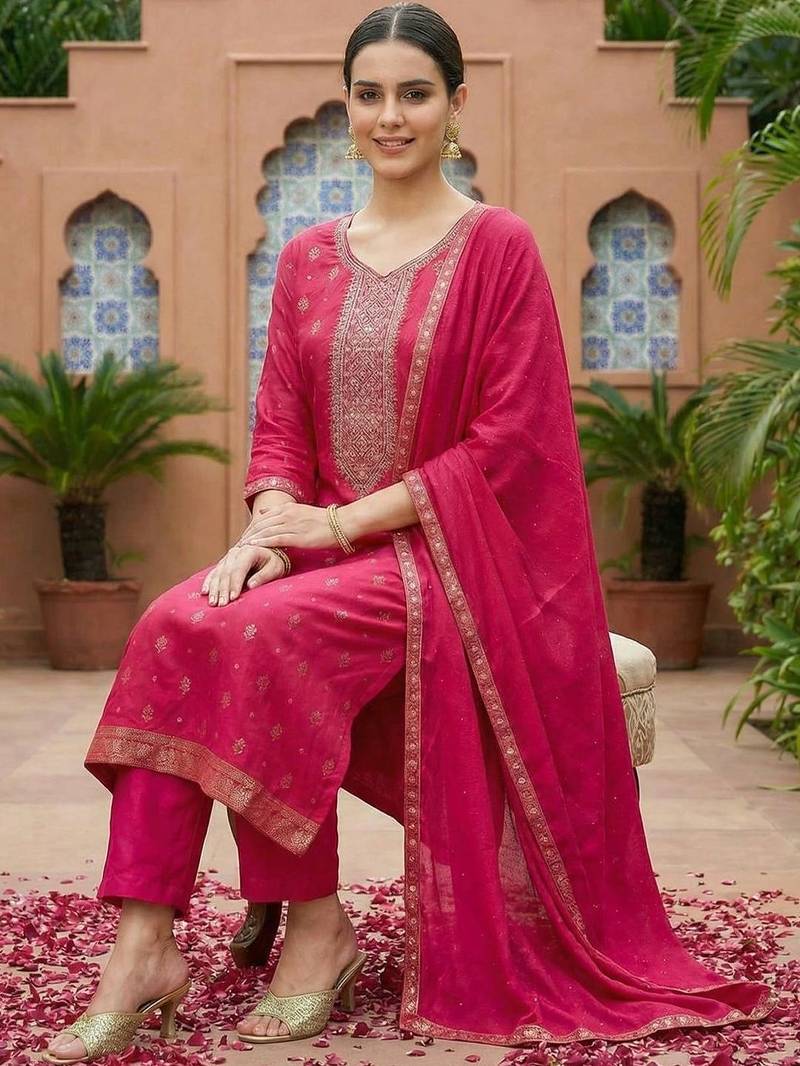 Women Ethnic Motifs Printed Thread Work Kurta with Trousers & With Dupatta
