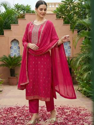 Women Ethnic Motifs Printed Thread Work Kurta with Trousers & With Dupatta 2