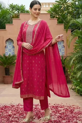 Women Ethnic Motifs Printed Thread Work Kurta with Trousers & With Dupatta
