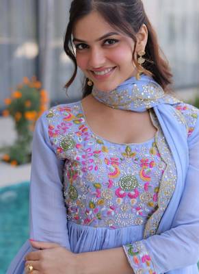 Blue beads embroidery work mal chanderi anarkali set 3