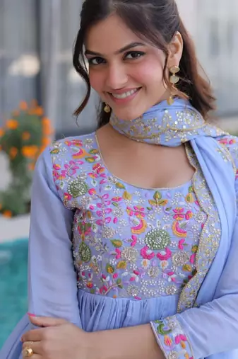 Blue beads embroidery work mal chanderi anarkali set