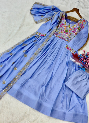 Blue beads embroidery work mal chanderi anarkali set 4