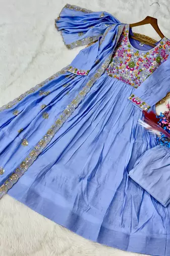 Blue beads embroidery work mal chanderi anarkali set