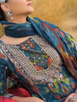 Women Ethnic Motifs Printed Mirror Work Cotton Kurta with Trousers & With Dupatta 2