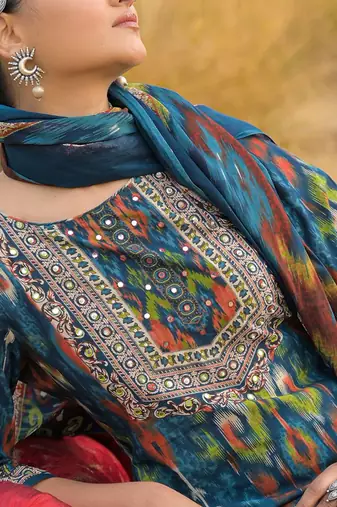 Women Ethnic Motifs Printed Mirror Work Cotton Kurta with Trousers & With Dupatta