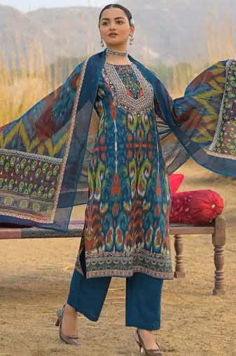 Women Ethnic Motifs Printed Mirror Work Cotton Kurta with Trousers & With Dupatta