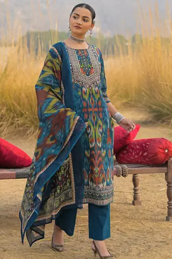 Women Ethnic Motifs Printed Mirror Work Cotton Kurta with Trousers & With Dupatta