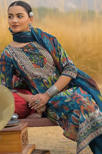 Women Ethnic Motifs Printed Mirror Work Cotton Kurta with Trousers & With Dupatta