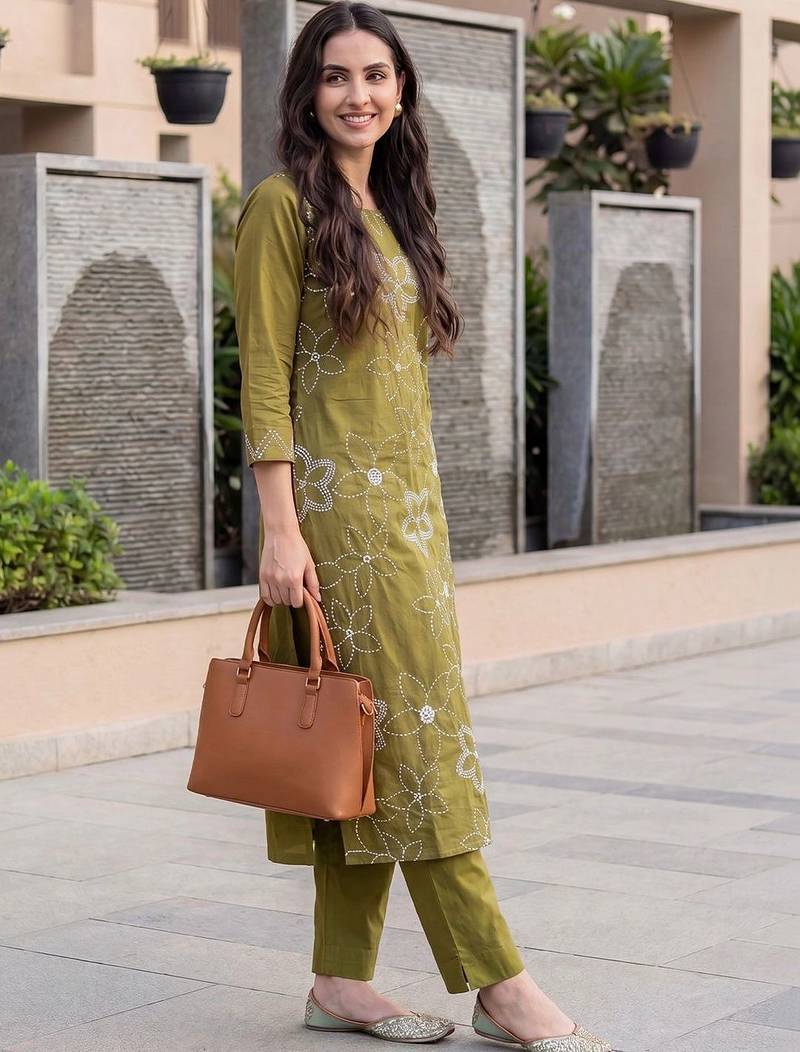 Women Floral Embroidered Thread Work Cotton Kurta with Trousers