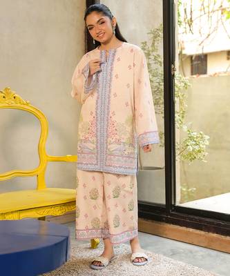 Beige floral print linen  fancy co-ord set for women 1