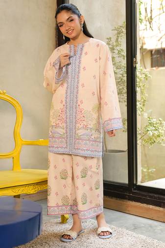 Beige floral print linen  fancy co-ord set for women