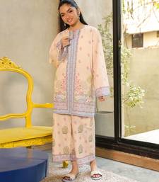 Beige floral print linen  fancy co-ord set for women