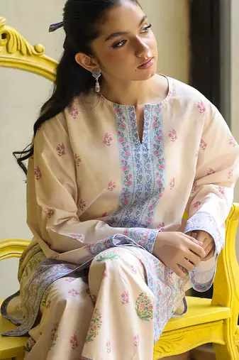 Beige floral print linen  fancy co-ord set for women