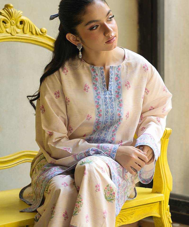 Beige floral print linen  fancy co-ord set for women