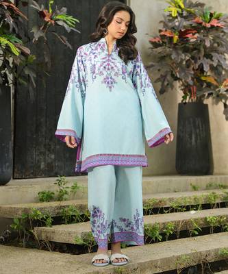Sky blue floral print crepe  fancy co-ord set for women 1