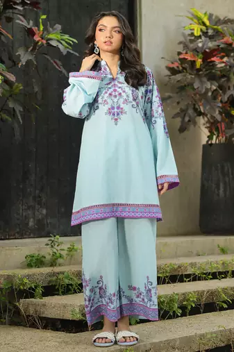 Sky blue floral print crepe  fancy co-ord set for women