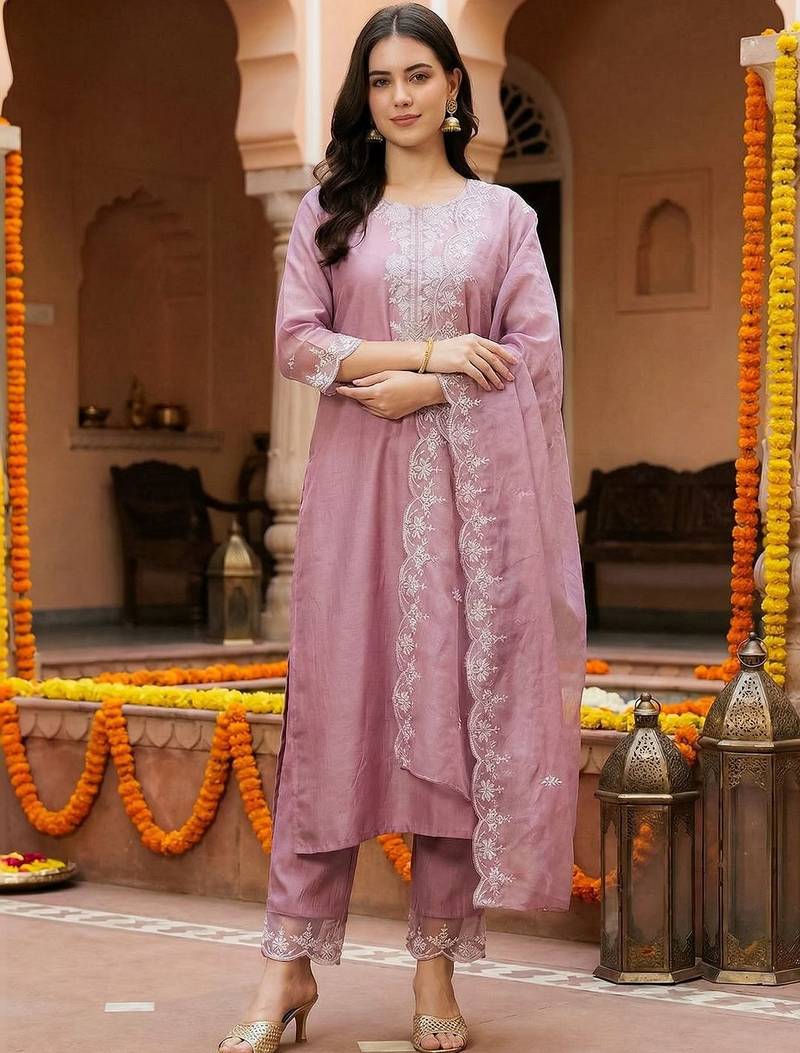 Women Ethnic Motifs Embroidered Thread Work Kurta with Trousers & With Dupatta