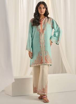 Sea green floral print linen  fancy co-ord set for women 1