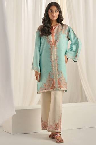 Sea green floral print linen  fancy co-ord set for women
