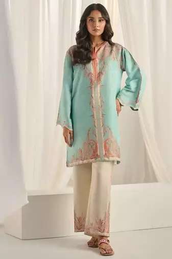 Sea green floral print linen  fancy co-ord set for women