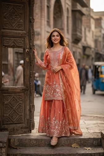 light orange color embroidery sequin work silk blend kurti sharara set