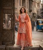 light orange color embroidery sequin work silk blend kurti sharara set