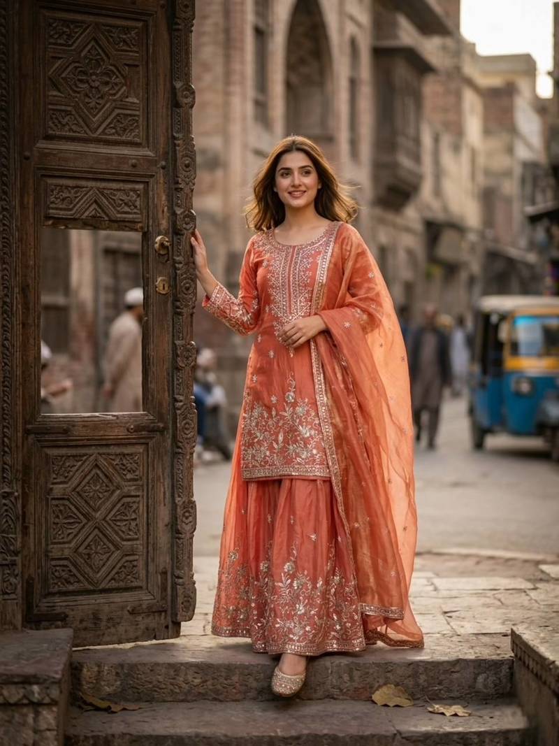 light orange color embroidery sequin work silk blend kurti sharara set