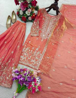 light orange color embroidery sequin work silk blend kurti sharara set 2