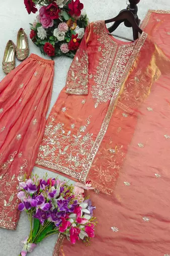 light orange color embroidery sequin work silk blend kurti sharara set