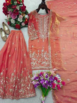 light orange color embroidery sequin work silk blend kurti sharara set 3
