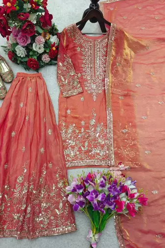 light orange color embroidery sequin work silk blend kurti sharara set
