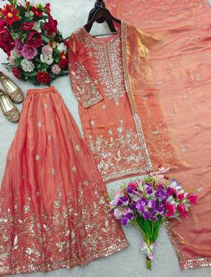 light orange color embroidery sequin work silk blend kurti sharara set 4