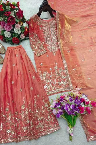light orange color embroidery sequin work silk blend kurti sharara set
