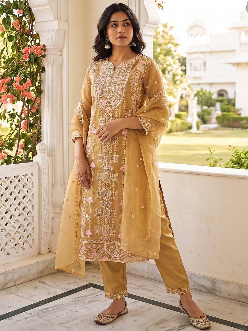 Women Floral Embroidered Thread Work Kurta with Trousers & With Dupatta