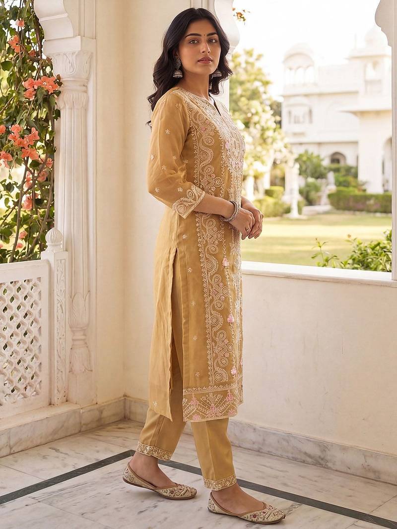 Women Floral Embroidered Thread Work Kurta with Trousers & With Dupatta
