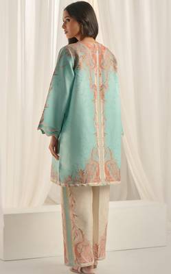 Sea green floral print linen  fancy co-ord set for women 2