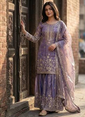 lavender color embroidery sequin work silk blend kurti sharara set 1