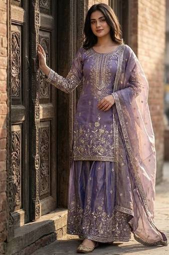 lavender color embroidery sequin work silk blend kurti sharara set