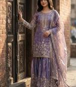 lavender color embroidery sequin work silk blend kurti sharara set