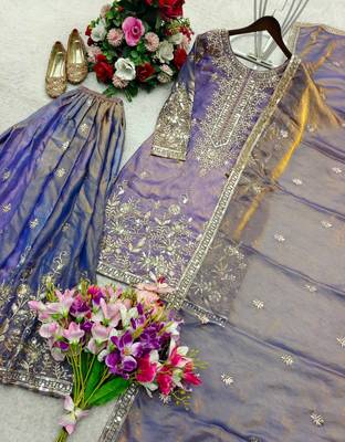 lavender color embroidery sequin work silk blend kurti sharara set 2