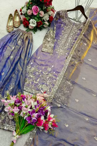 lavender color embroidery sequin work silk blend kurti sharara set