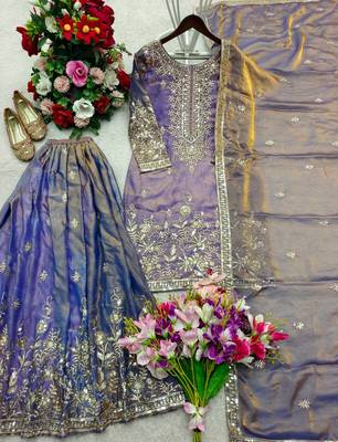 lavender color embroidery sequin work silk blend kurti sharara set 3