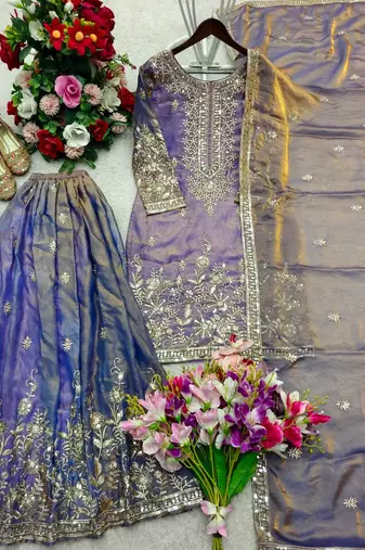 lavender color embroidery sequin work silk blend kurti sharara set
