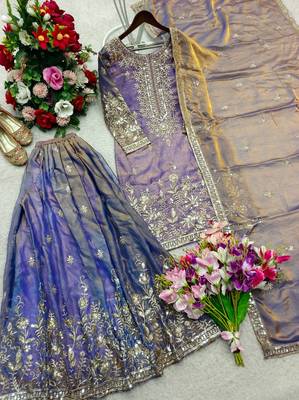 lavender color embroidery sequin work silk blend kurti sharara set 4