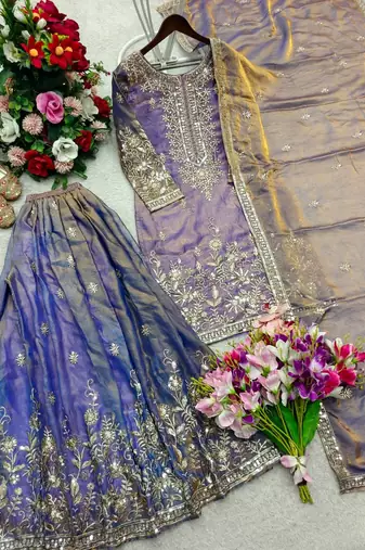 lavender color embroidery sequin work silk blend kurti sharara set