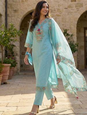 Women Floral Embroidered Thread Work Cotton Kurta with Trousers & With Dupatta 1