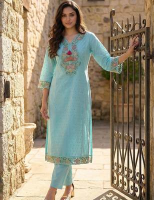 Women Floral Embroidered Thread Work Cotton Kurta with Trousers & With Dupatta 2