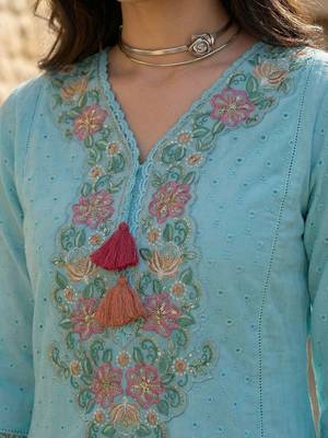 Women Floral Embroidered Thread Work Cotton Kurta with Trousers & With Dupatta 4