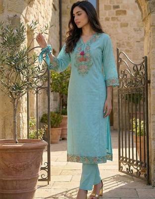 Women Floral Embroidered Thread Work Cotton Kurta with Trousers & With Dupatta 5
