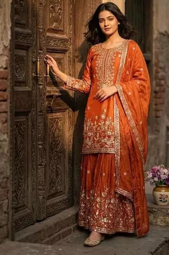 orange color embroidery sequin work silk blend kurti sharara set